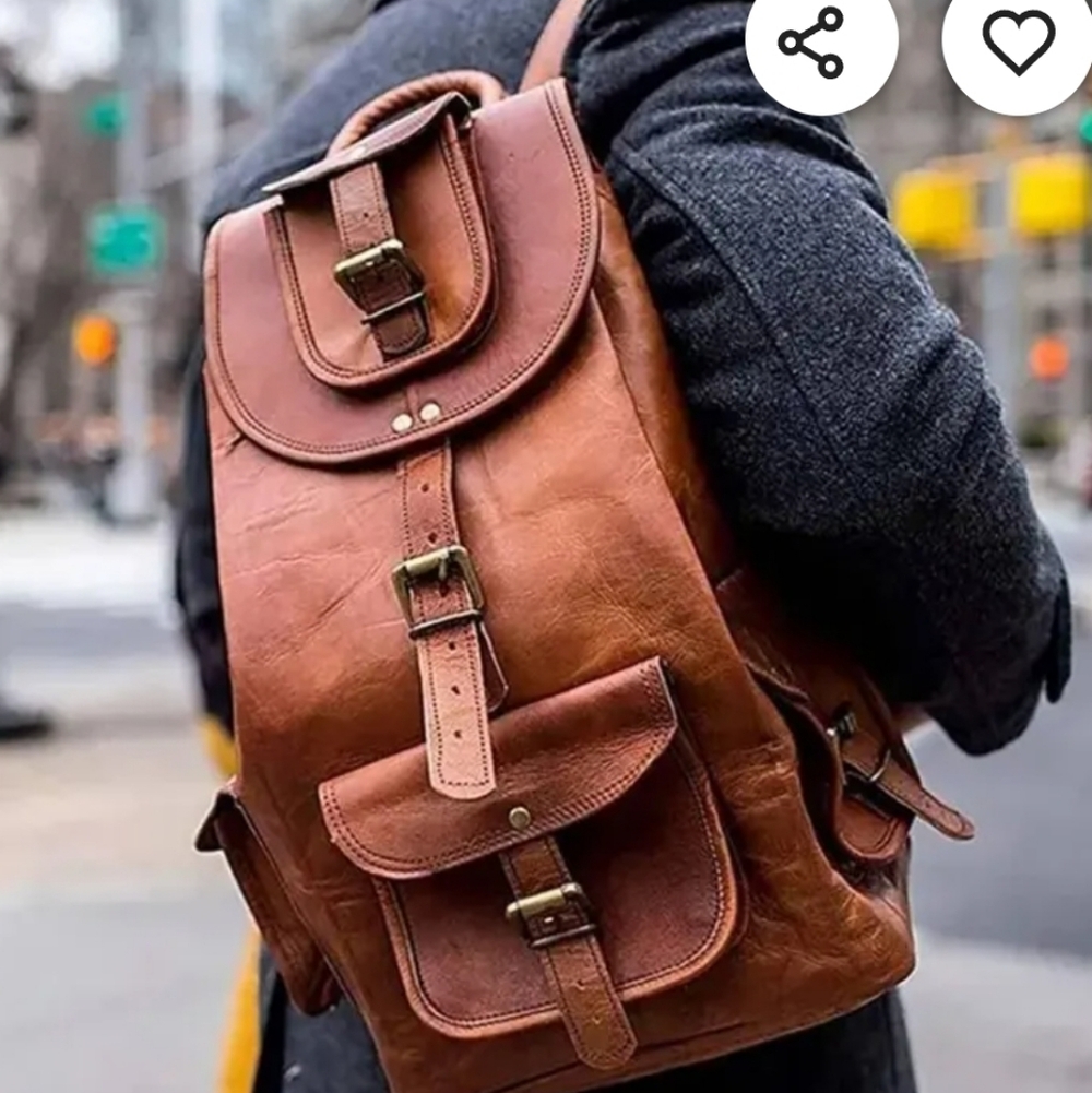 Handmade Large Leather Backpack Travel Rucksack - Picture 2 of 13